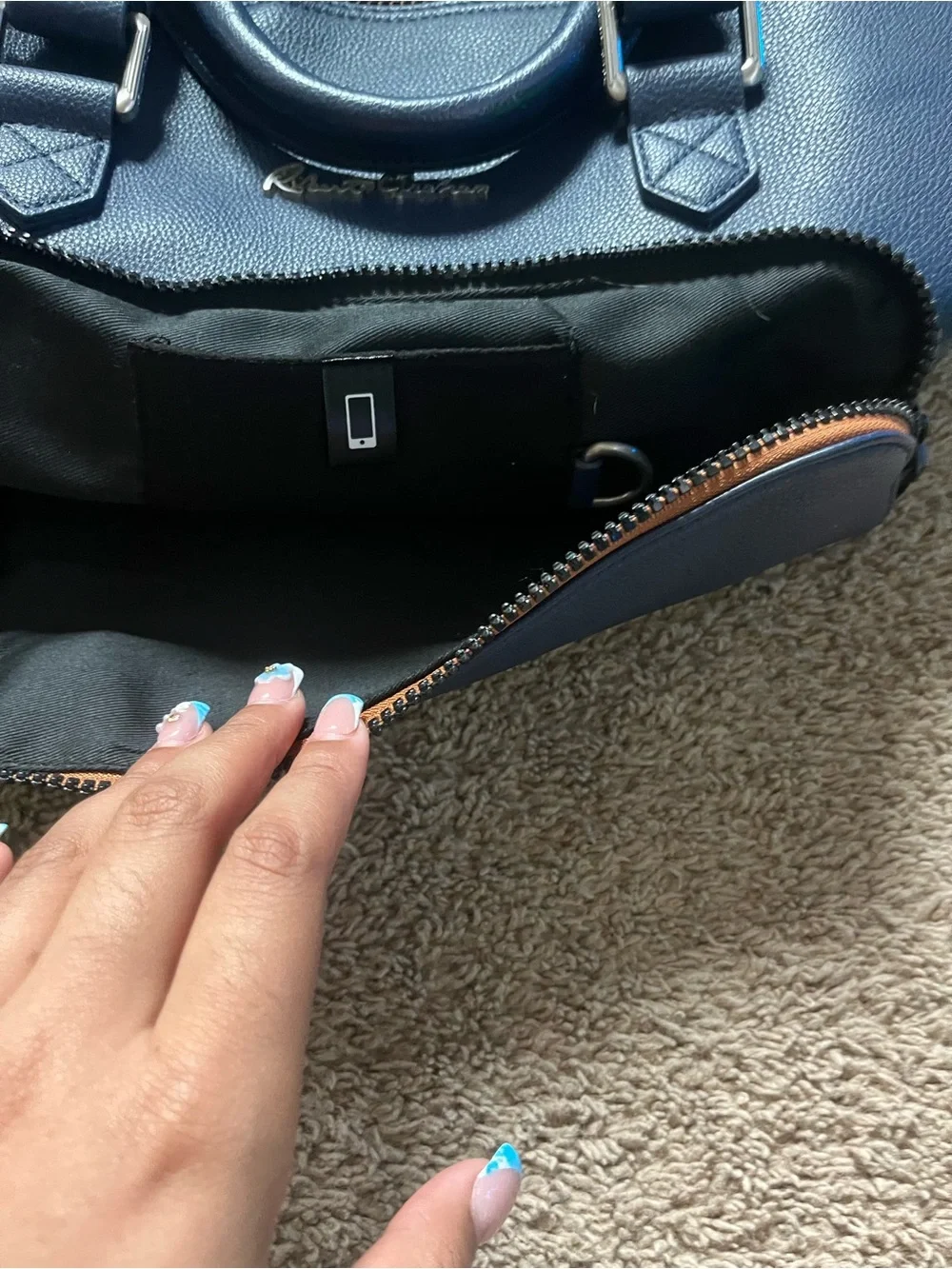 Robert Graham Blue Leather Duffel with Contrast Trim